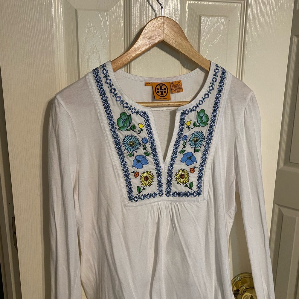 Tory Burch White Tunic with Blue and Green Embroidery